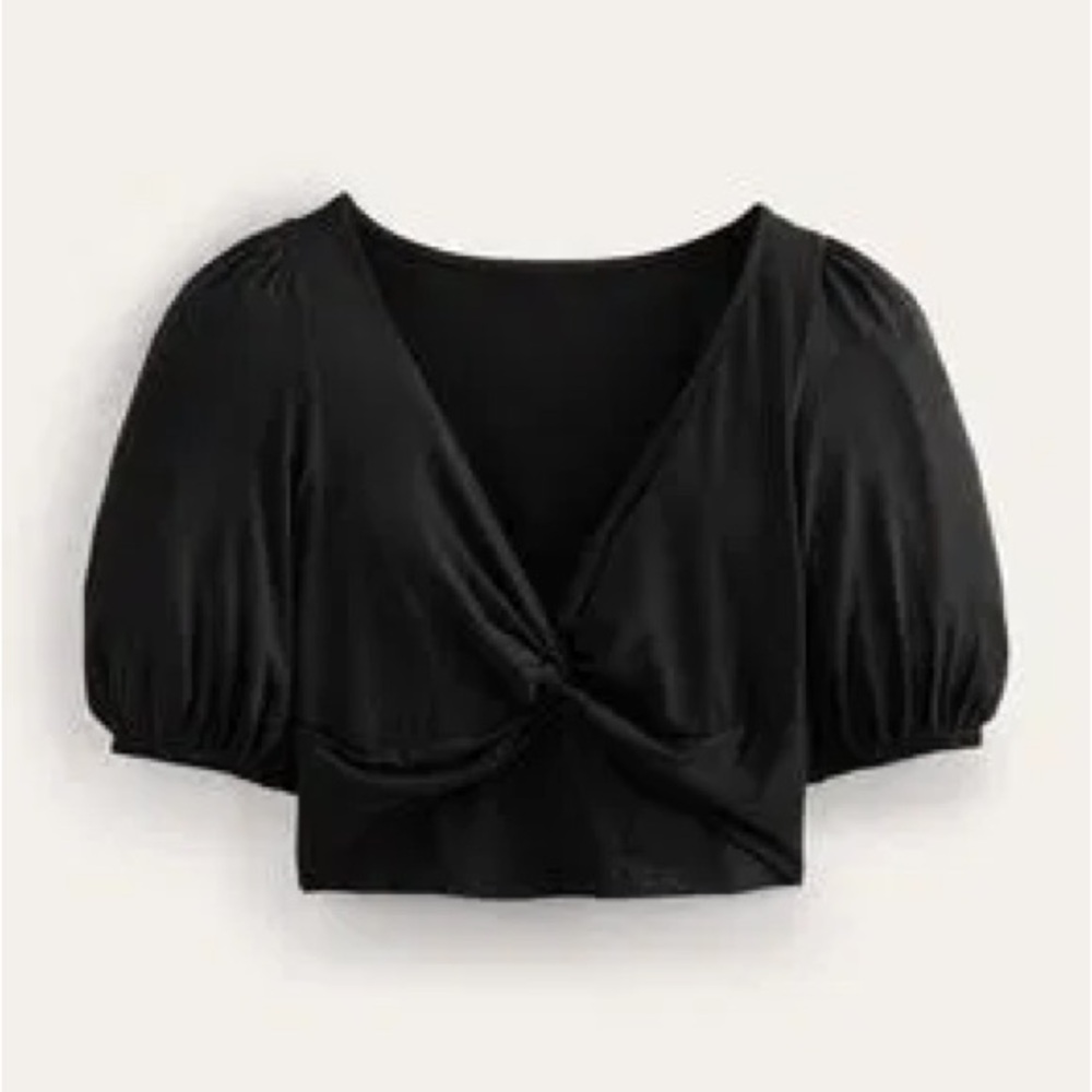 Boden Cropped Blouse Womens Size 8 Black Stretch Twist V-Neck Puff Short Sleeve